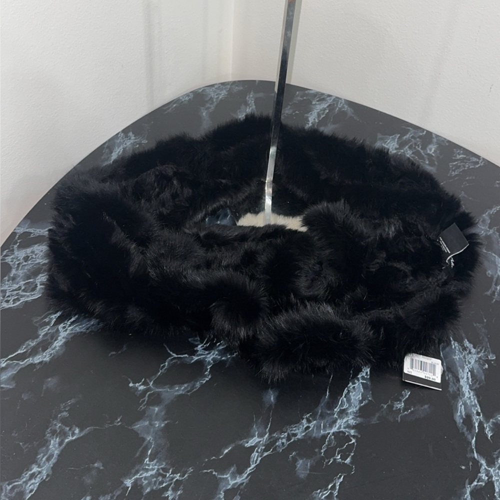 Marcus Adler 100% Rabbit Fur Ruffle Infinity Scarf Wrap BLACK AUTHENTIC NWT